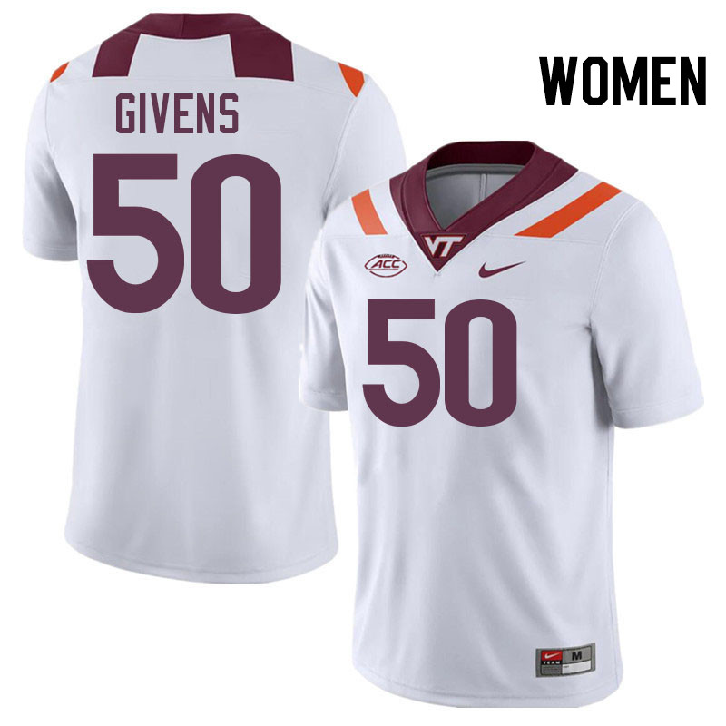 Women #50 Gunner Givens Virginia Tech Hokies College Football Jerseys Stitched-White